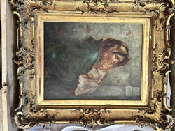 Oil Painting of a Figure with Child in Ornate Gilt Frame