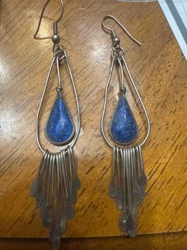 Teardrop Blue Stone Dangle Earrings with Fringe