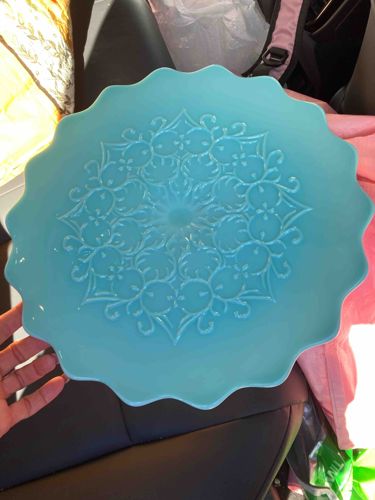 Turquoise Scalloped Edge Decorative Plate with Floral Embossing