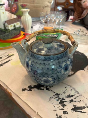 Blue and White Floral Ceramic Teapot with Bamboo Handle