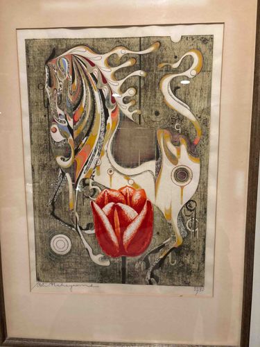 Tadashige Nakayama, Horse and Tulip Woodblock Print