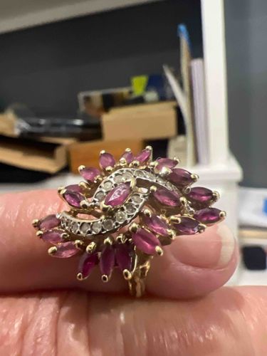 Vintage 14k Yellow Gold Ruby and Diamond Cluster Cocktail Ring