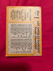 1974 Topps Los Angeles Dodgers Team Checklist Baseball Card (Back)
