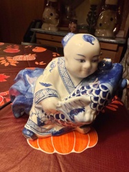 Blue and White Porcelain Child with Koi Sculpture