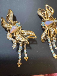 Vintage Gold Tone Butterfly Moth Clip-On Earrings with Faux Opal and Rhinestone Accents
