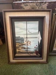 Framed Coastal Seascape Painting with Trompe L'oeil Window