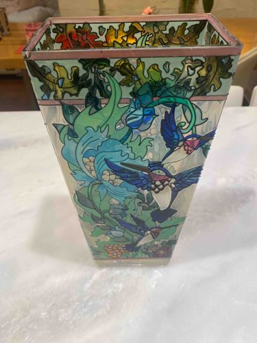 Art Nouveau Style Hummingbird and Floral Stained Glass Inlay Vase