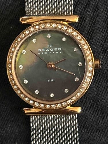 Skagen Denmark Women's Watch with Crystal Bezel and Mother-of-Pearl Dial
