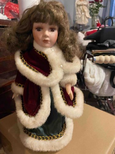 Victorian-Style Porcelain Collector Doll in Winter Holiday Attire