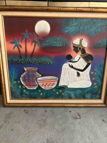Textured Cultural Scene Painting of Mother and Child