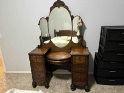 Antique Carved Vanity Dressing Table with Tri-Fold Mirror and Stool