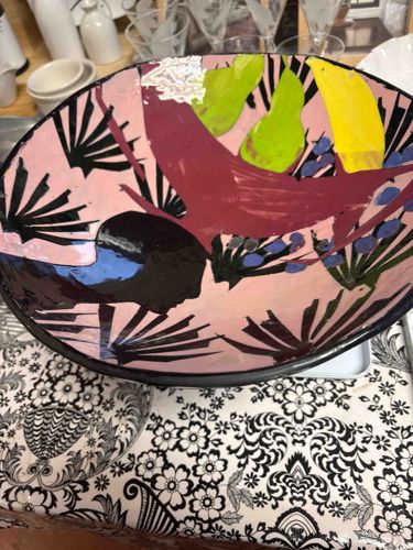 Abstract Figural and Still Life Ceramic Decorative Bowl