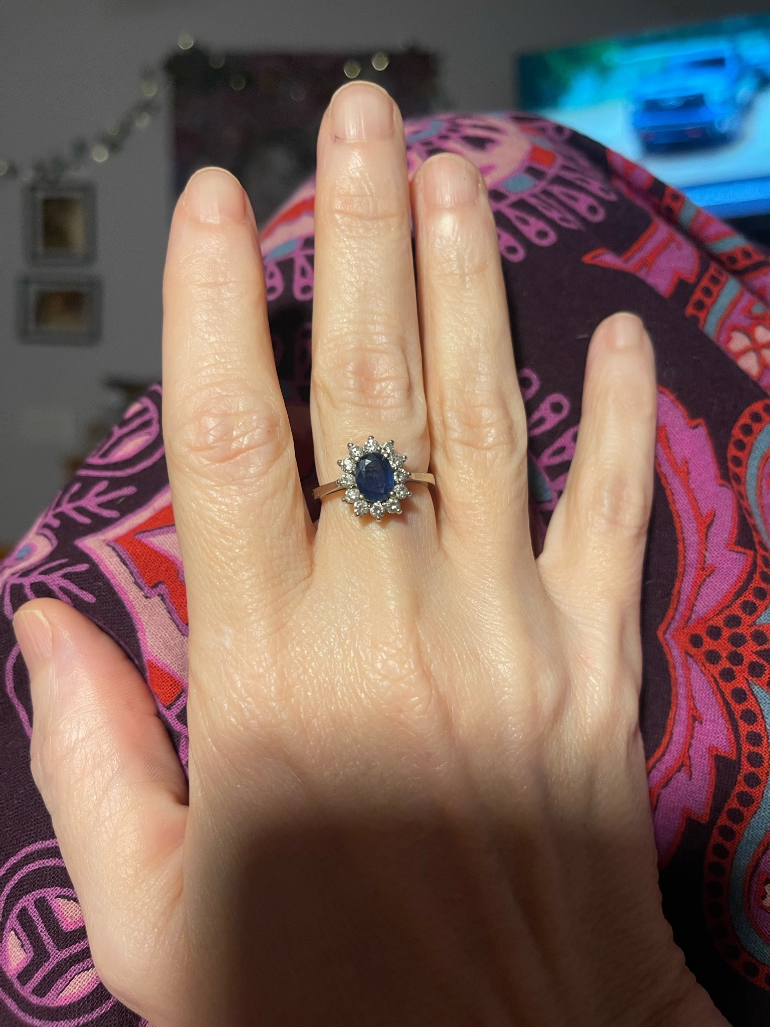 Submitted photo of Cluster ring, unverified white gold, sapphire, and diamond