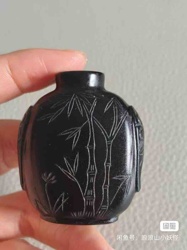 Black Carved Stone Snuff Bottle with Bamboo Motif