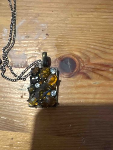 Rhinestone and Amber-Toned Stone Pendant Necklace