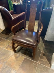 Asian-Inspired Carved Wood Armchair with Faux Leather Seat