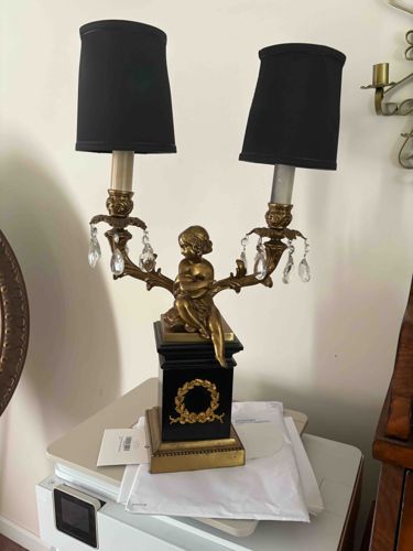 French Empire Style Figural Double Candelabra Table Lamp with Putto