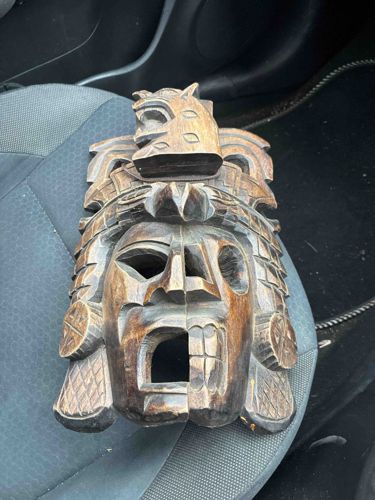 Carved Wooden Mesoamerican Style Mask with Animal Headdress