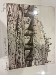 Pen and Ink Drawing of a European Cityscape with a Bridge and River