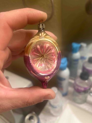 Vintage West German Blown Glass Christmas Ornament with Fuchsia and Gold Design