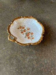 Gilded Scalloped Ceramic Dish with Rose Motif and Crackle Glaze