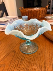 Blue Opalescent Ruffled Edge Pedestal Compote Dish