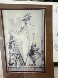 Surrealist Figurative Print with Harp, Nude, Bird, and Jester