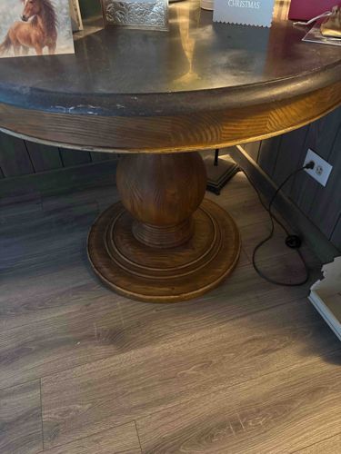 Round Pedestal Dining Table with Darkened Wood Top