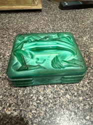 Art Deco Malachite Glass Trinket Box with Figural Scene