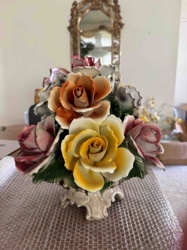 Capodimonte Style Ceramic Flower Arrangement in a Basket Vase