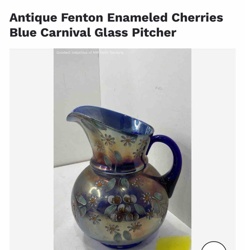 Antique Fenton Enameled Cherries Blue Carnival Glass Pitcher