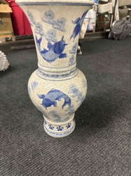 Blue and White Koi Fish and Pine Motif Crackle Glaze Ceramic Vase