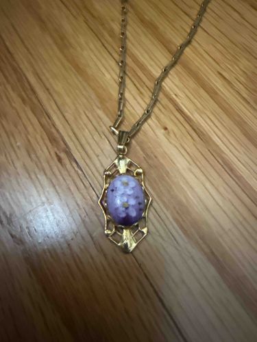Gold-Tone Pendant Necklace with Purple Floral Resin Cabochon