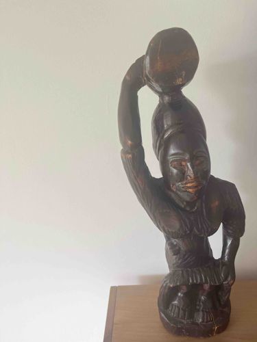 African Figural Wood Carving of a Woman Carrying a Pot