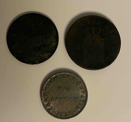Greek 1 Drachma Coin (1926) and Two Unidentified Ancient/Circulated Coins