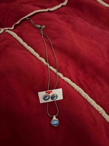 Silver-Tone Chain Necklace and Stud Earring Set with Blue Cabochon Accents
