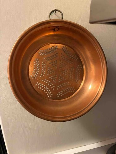 Vintage Circular Copper Colander with Hanging Ring