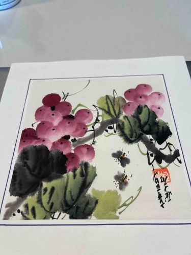 Chinese Watercolor Painting with Grapes and Bees