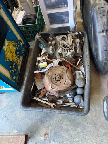 Assorted Automotive Parts and Tools in Storage Bin