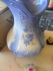 Antique Blue and White Ombre Ceramic Pitcher with Rose Decal
