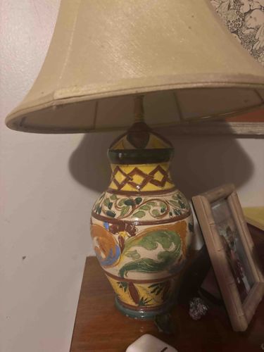 Majolica Ceramic Table Lamp with Floral and Geometric Decor