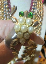 Vintage Frog Brooch with Faux Pearls and Green Rhinestone Eyes