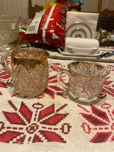 Gold-Rimmed Pressed Glass Creamer and Sugar Bowl Set
