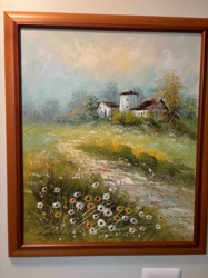Rural Landscape Painting with Farmstead and Wildflowers