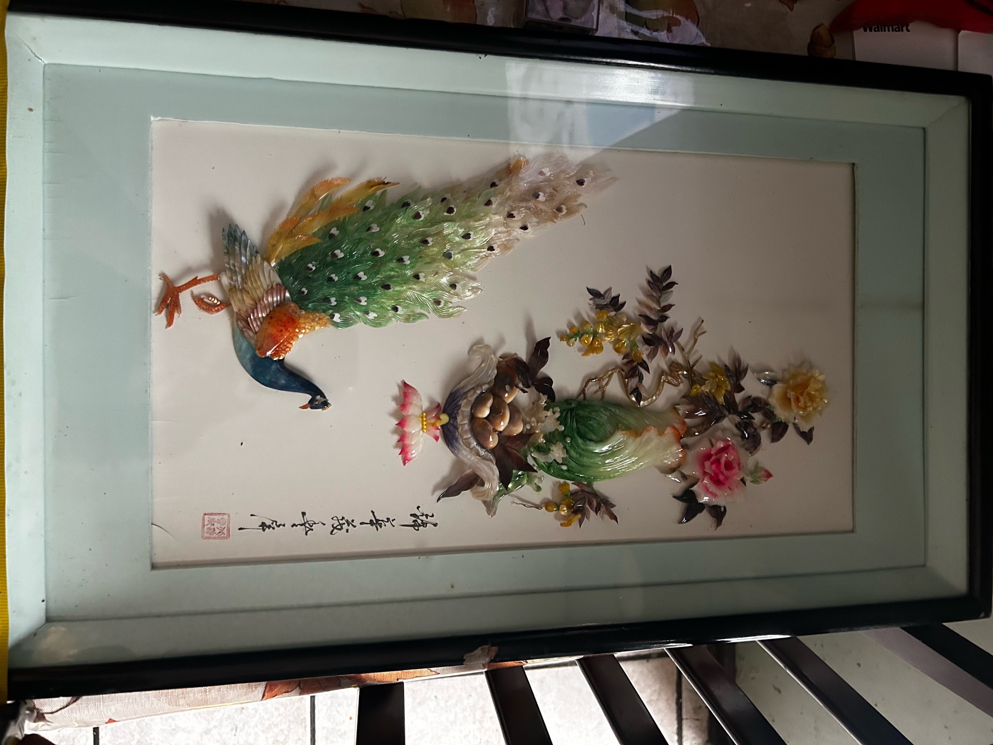 Submitted photo of Framed Asian stone and shell inlay wall art (unauthenticated)