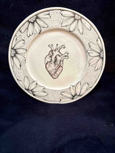 Mallory Wetherell Hand-Drawn Porcelain Plate with Anatomical Heart and Daisies