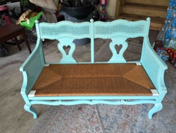 Aqua Painted Cane and Rush Settee