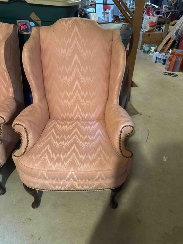 Vintage Pink Upholstered Wingback Armchair with Nailhead Trim
