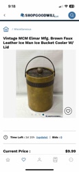 Vintage MCM Elmar Mfg. Brown Faux Leather Ice Man Ice Bucket Cooler with Lid