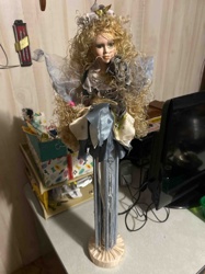 Vintage Bisque Porcelain Fairy Doll with Fabric Stand